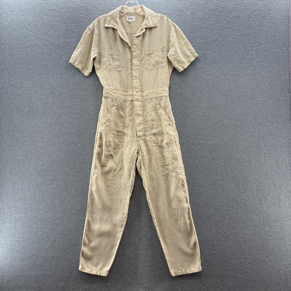 MATE the Label Jumpsuit Womens XS Beige Linen Short Sleeve Collared Utility